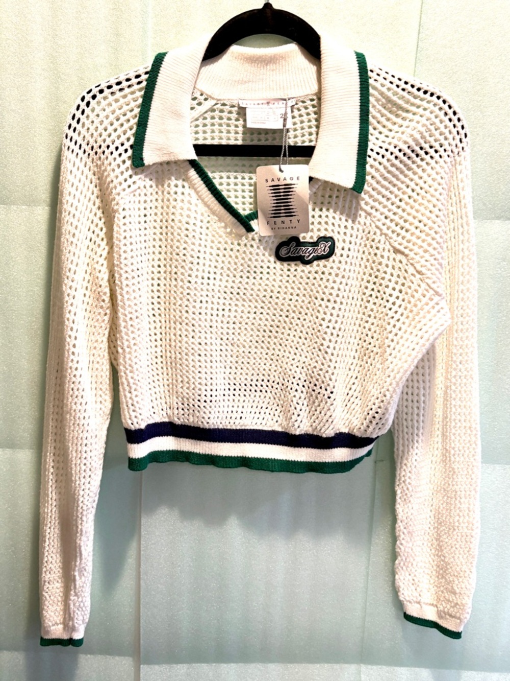 NWT Savage X Fenty 2X Open Knit Polo Sweater Y2K Preppy Cropped White Green - Picture 2 of 10
